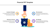 Financial PowerPoint template featuring a piggy bank, coins, and key financial planning categories.