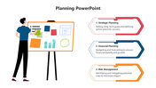 Planning PPT slide featuring a man presenting data on a board with sections from strategic planning to risk management.