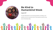 Slide featuring a circular photo of smiling children holding a heart, and colorful raised hands at the bottom.