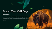 A powerful image of a bison standing in a grassy field, symbolizing Bison Ten Yell Day, a playful holiday on a green theme.