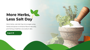 More Herbs, Less Salt Day graphic with a mortar of herbs and salt, promoting healthier, low-sodium flavor alternatives.