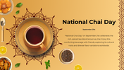 National Chai Day on September 21st featuring a top view of a chai cup, tea leaves, ginger, mint, and decorative patterns.