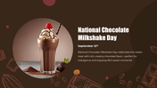 Rich chocolate milkshake topped with whipped cream, a cherry, and a drizzle syrup, on a dark brown background.