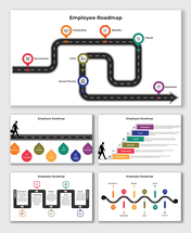 Roadmap of employee journey highlighting stages like onboarding, payroll, and separation, visualized as milestones on a road.
