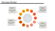 Clockthemed infographic with twelve orange gradient circles forming a circular layout around a clock with caption areas.