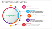 Colorful circular infographic with five numbered steps around the circle, each with captions for details.