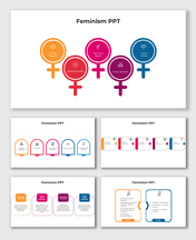 Feminism PPT slide featuring a symbolic infographic with key topics like gender equality, women's rights, and intersectionali