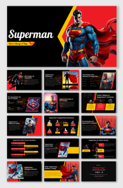 Superman presentation slides featuring his origin, powers, backstory, villains, and cultural impact with engaging visuals.