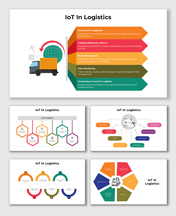 Infographic illustrating IoT applications in logistics, including shipment tracking, fleet monitoring, and smart warehouses.