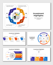 Alt: Investment Highlights slide showing KPI tiles, key metrics, and icon-led sections summarizing value drivers and traction.