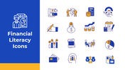 Set of colorful financial literacy icons including graphs, calculators, credit cards, and charts for money management visuals