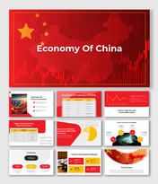 Alt: Economy of China infographic slide showing a China map graphic, GDP trend chart, and trade icons with key metrics.