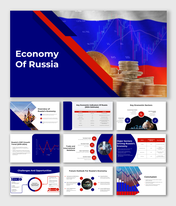 Alt: Economy of Russia infographic slide showing Russia map icon, KPI metrics, and charts with labels for key economic indicators.
