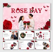Visual slides highlighting Rose Day’s symbolism, history, and celebration with images of roses and couples.