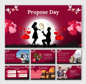 Romantic proposal-themed design with heart decorations, a silhouette of a couple, and sections for proposal tips and location