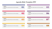 Agenda slide with eight numbered sections, each with a caption and placeholder text in alternating colors.