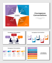 A professional slide layout with vibrant sections, infographic icons, and speech bubbles for conversation-related topics.