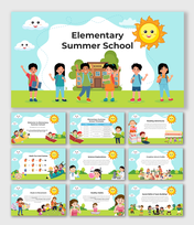 Bright and cheerful summer school overview with activities like reading, science, and teamwork.