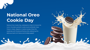 A stack of Oreo cookies and a glass of milk with a cookie splashing into it, celebrating National Oreo Cookie Day.