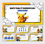 National Pokemon Day slides with Pikachu, bold comic style, and placeholders for popular characters and event details.