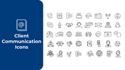 Client communication icon set showing contact methods like email, chat, calls, and support, arranged in rows.