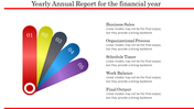 Annual report slide featuring a colorful fan shaped graphic numbered 01 to 05, and text highlighting financial elements.