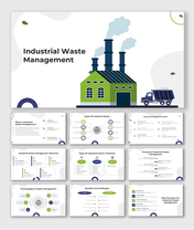 Industrial waste management slide deck with factory illustration and layout for process and treatment content.