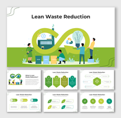 Lean waste reduction slide deck with infinity arrow graphic and recycling visuals across clean, modern layouts.