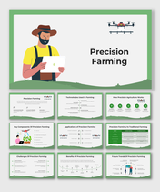 Precision farming slide set with farmer illustration, drone visuals, and green-themed layout with content placeholders.