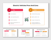 Electric Vehicles Pros and Cons infographic showing benefits, challenges, and a central EV charging icon.
