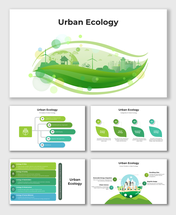 Urban Ecology infographic with green landscapes, wind turbines, eco-friendly visuals, and sustainable city concepts.