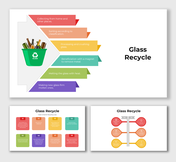 Illustration showing step-by-step process of glass recycling with colorful banners and a green bin of bottles.