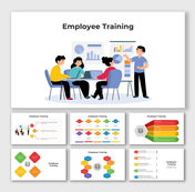 Colorful training infographics with stepwise diagrams, icons, and placeholder blocks for employee development topics.