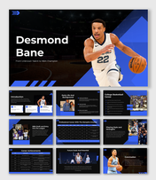 Basketball-themed presentation with Desmond Bane action photo and dark slide backgrounds with blue highlights.