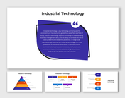 Industrial technology slides with abstract shapes, pyramid diagram, and modern tech elements.
