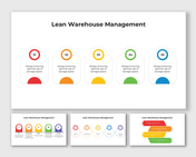 Lean warehouse management slides with colorful step icons and storage space optimization visuals.