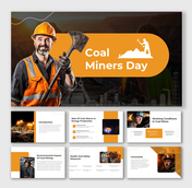 Smiling coal miner in safety gear with shovel, featured on an orange-themed Coal Miners Day presentation layout.