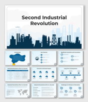 Second Industrial Revolution layout with factory silhouettes, innovation icons, and comparison chart placeholders.