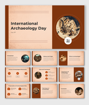 International Archaeology Day slides with ancient digs, brown-beige theme, round photo frames, and icon-based topic blocks.