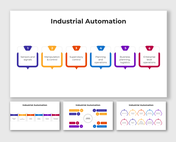 Industrial Automation using purple, blue, orange steps with labels for sensors, supervisory control, and enterprise ops.