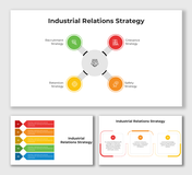 Industrial Automation featuring 3 layouts: step arrows, circular flow, and hexagons in bright colors for automation levels.