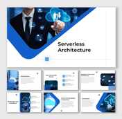 Serverless Architecture design showing digital cloud visuals, business graphics, blue-white layouts, and content text blocks.
