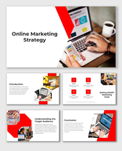 Online Marketing Strategy infographic with laptop marketing screen, red accents, goal-setting steps, and content text blocks.