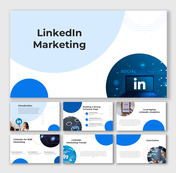 Slides on LinkedIn Marketing featuring laptop, LinkedIn logo, mobile phone, blue circle graphics, and clear text holders.