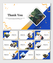 Thank You From A Graduate template showing grads with diplomas, blue-gold colors, ribbon graphics, and framed photos.