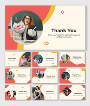 Thank You Teacher design with colorful borders, cartoon hugs, chalkboard shapes, and note-style text holders.
