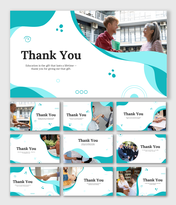 Education Thank You presentation with teacher appreciation images, abstract circles, and flowing teal-white backgrounds.