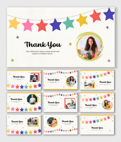 Thank You Slides For School Staff showing hanging stars in red, yellow, pink, green, blue with teacher images in shapes.