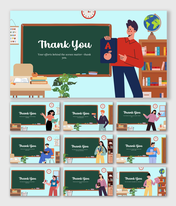 PPT Template Thank You Slide featuring flat design teachers, bookshelf, clock, globe, chalkboard, and clean layout.