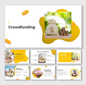 Alt: Crowdfunding infographic slide showing four model types with icons and labeled blocks for donation, reward, equity, and debt.